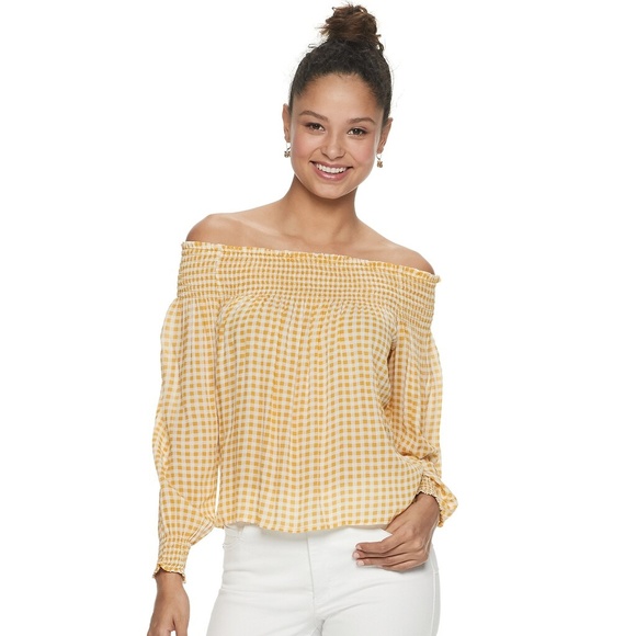 Rewind Tops - Juniors Rewind Smocked Yoke & Cuff Shoulder Top